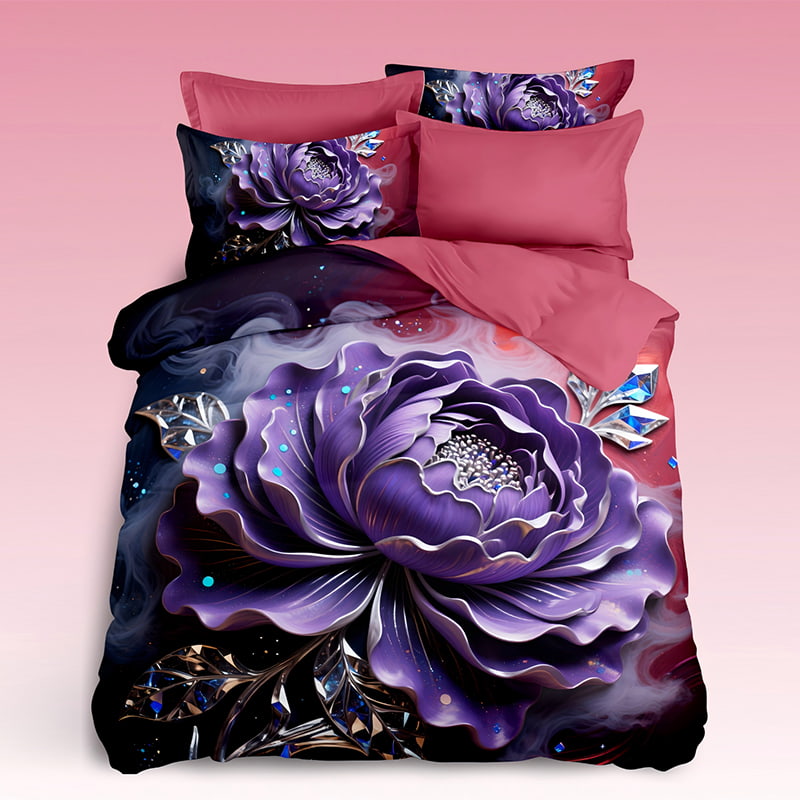 5D Floral Digital Print Bedding Set -Luxurious Purple Peony