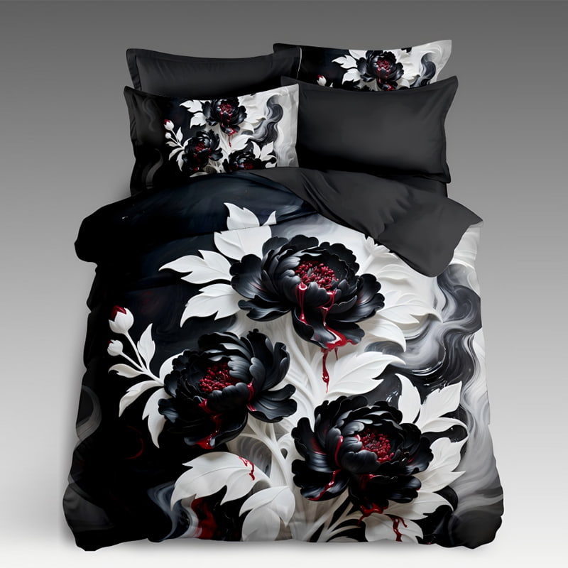5D Floral Digital Print Bedding Set - ‌Black & White Peony