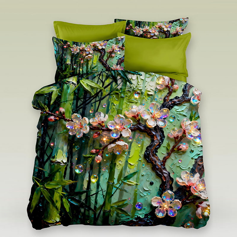 5D Oil Painting Style Digital Print Bedding Set - ‌Bamboo Harmony