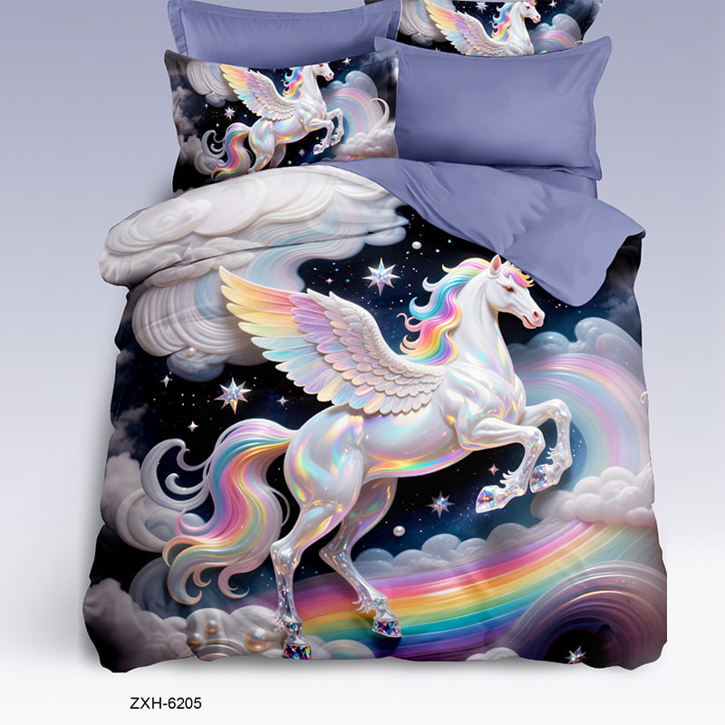 Cartoon 5D Digital Printed Bed sheet set with a Majestic Rainbow Pegasus in Starry Sky