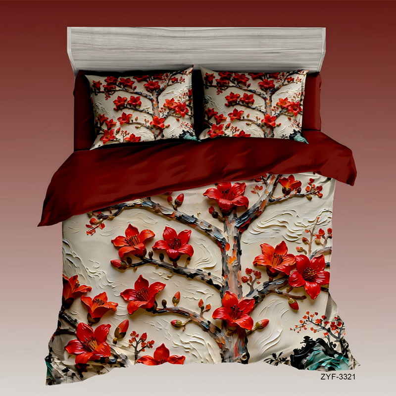 5D Floral Digital Print Bedding Set - ‌Red Flower