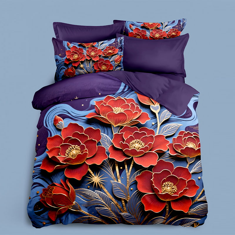 5D Floral Digital Print Bedding Set -Luxurious Red & Gold Peony