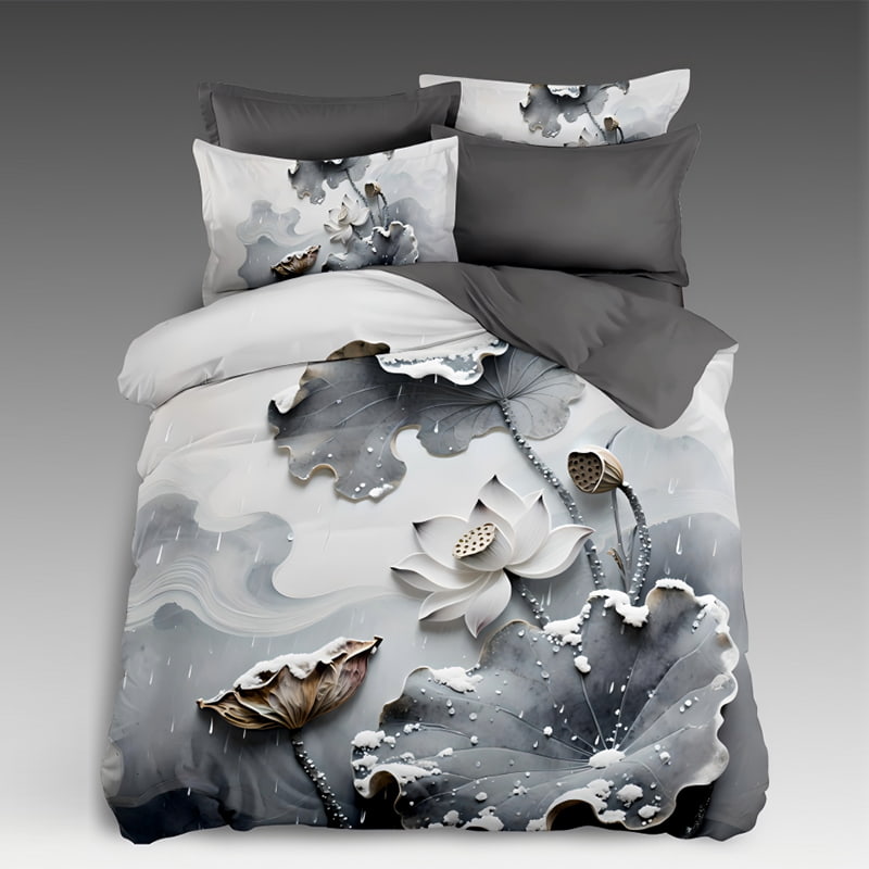 5D Floral Digital Print Bedding Set - ‌Grey Lotus & Raindrops‌