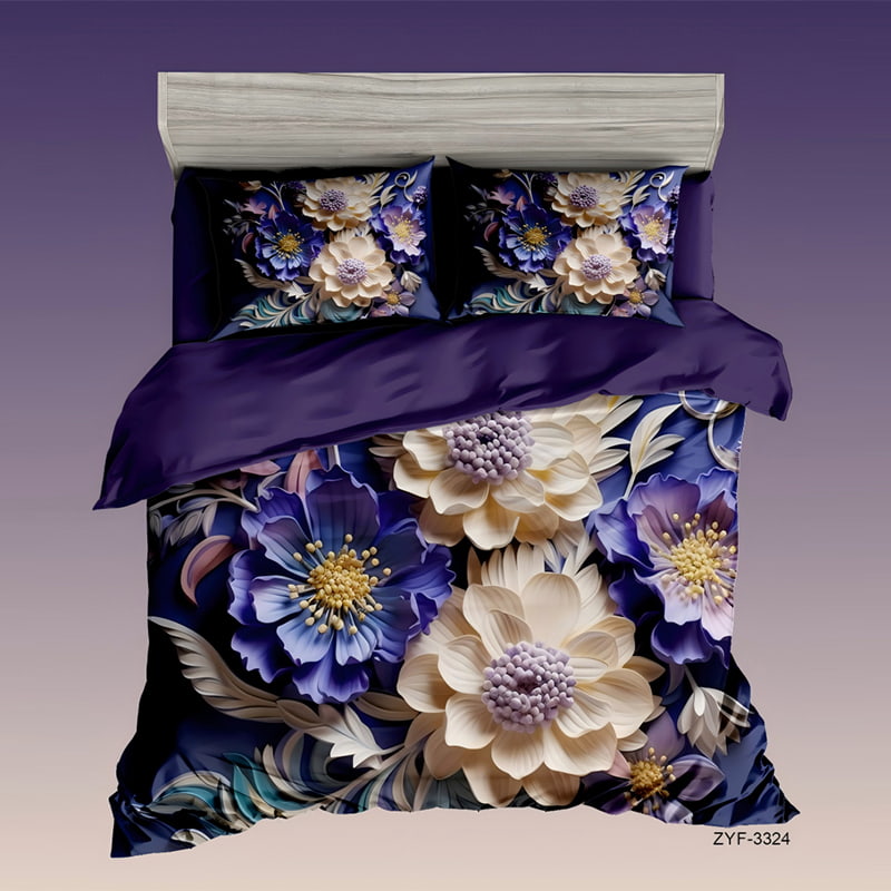 5D Floral Digital Print Bedding Set - ‌Purple & Blue Floral