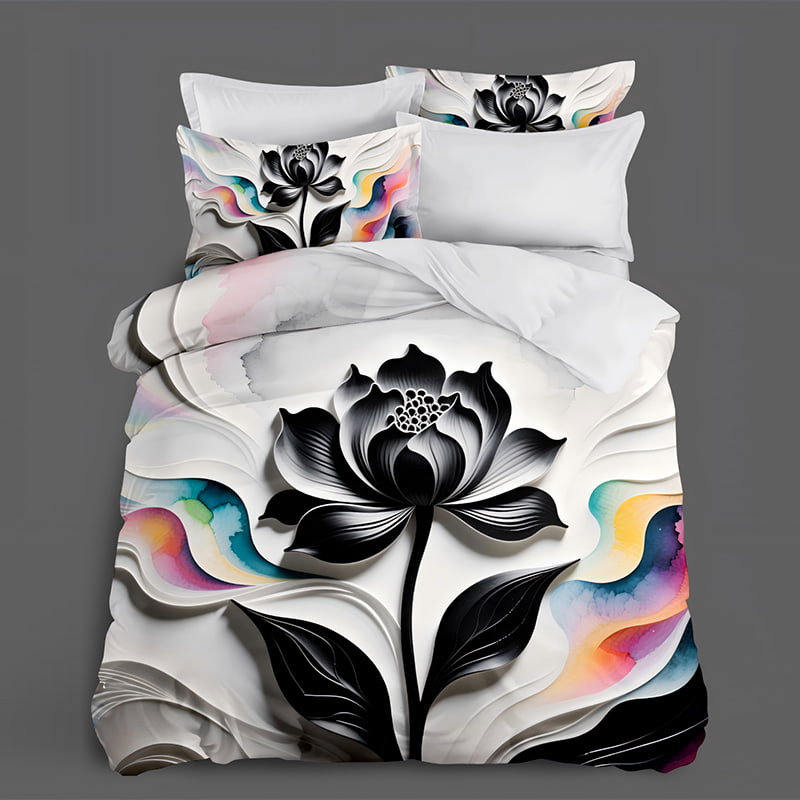 5D Floral Digital Print Bedding Set -Luxurious Black & White Lotus