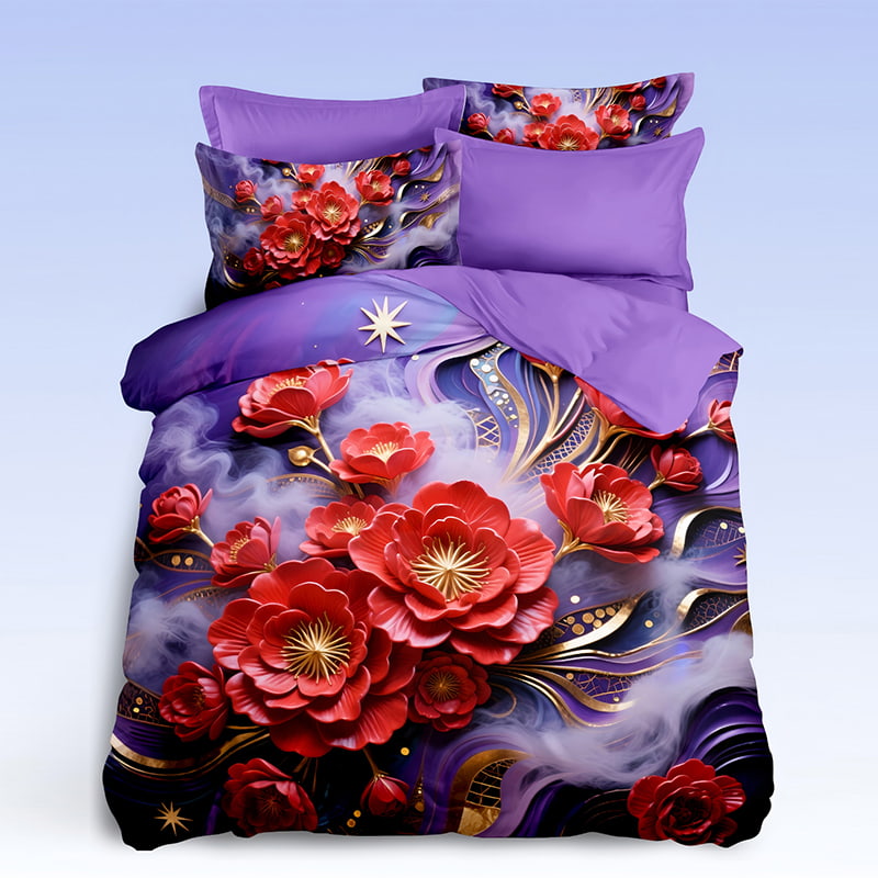 5D Floral Digital Print Bedding Set -Red Flower & Gold Accents