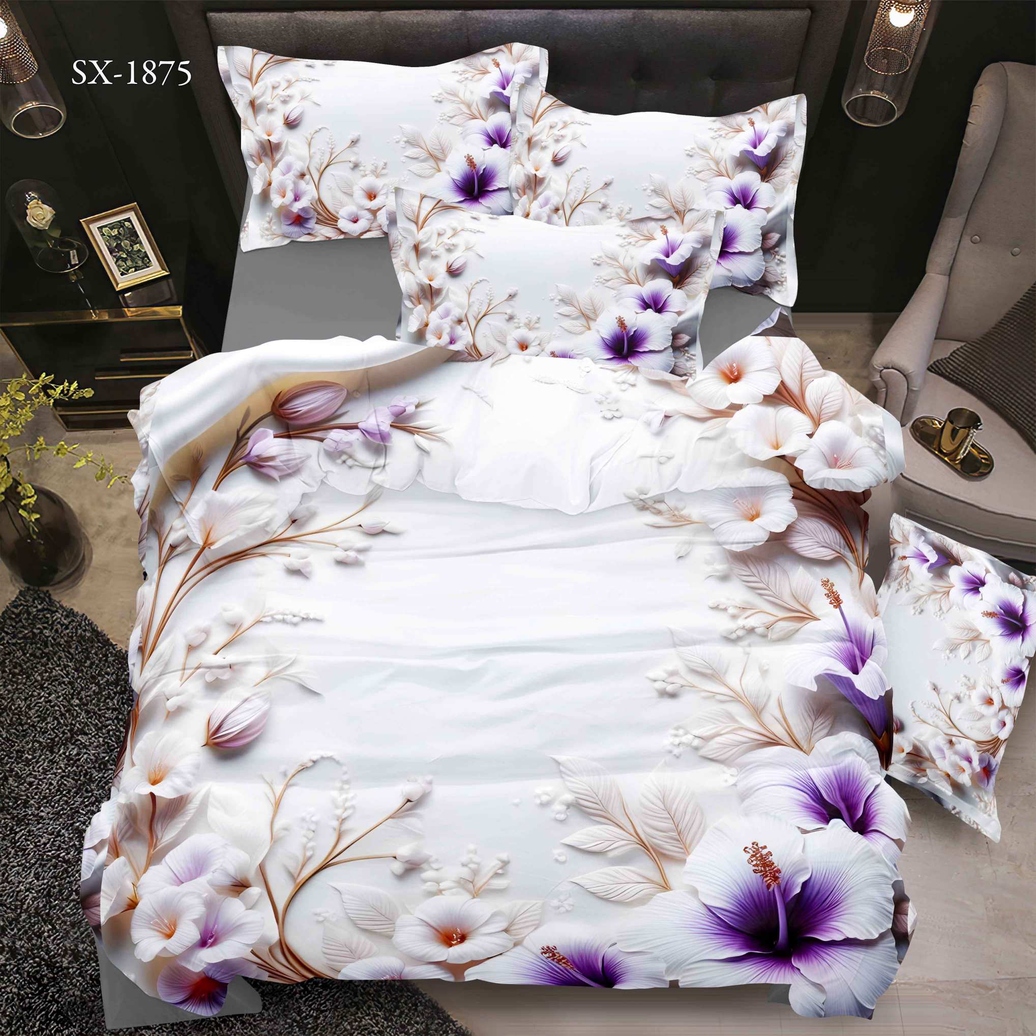 5D Floral Digital Print Bedding Set - ‌Elegant Purple & White Floral