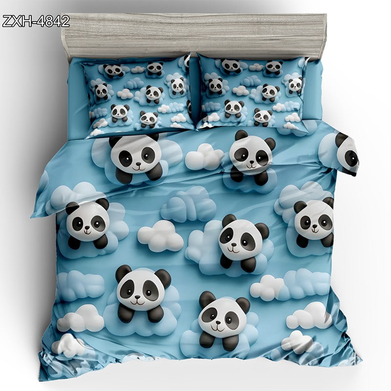 5D Digital Printed Bed sheet set with a Playful Panda and Cloud Theme