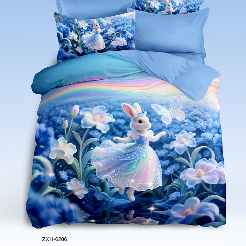 Cartoon 5D Digital Printed Bed sheet set with a Princess Bunny in Enchanted Flower Garden