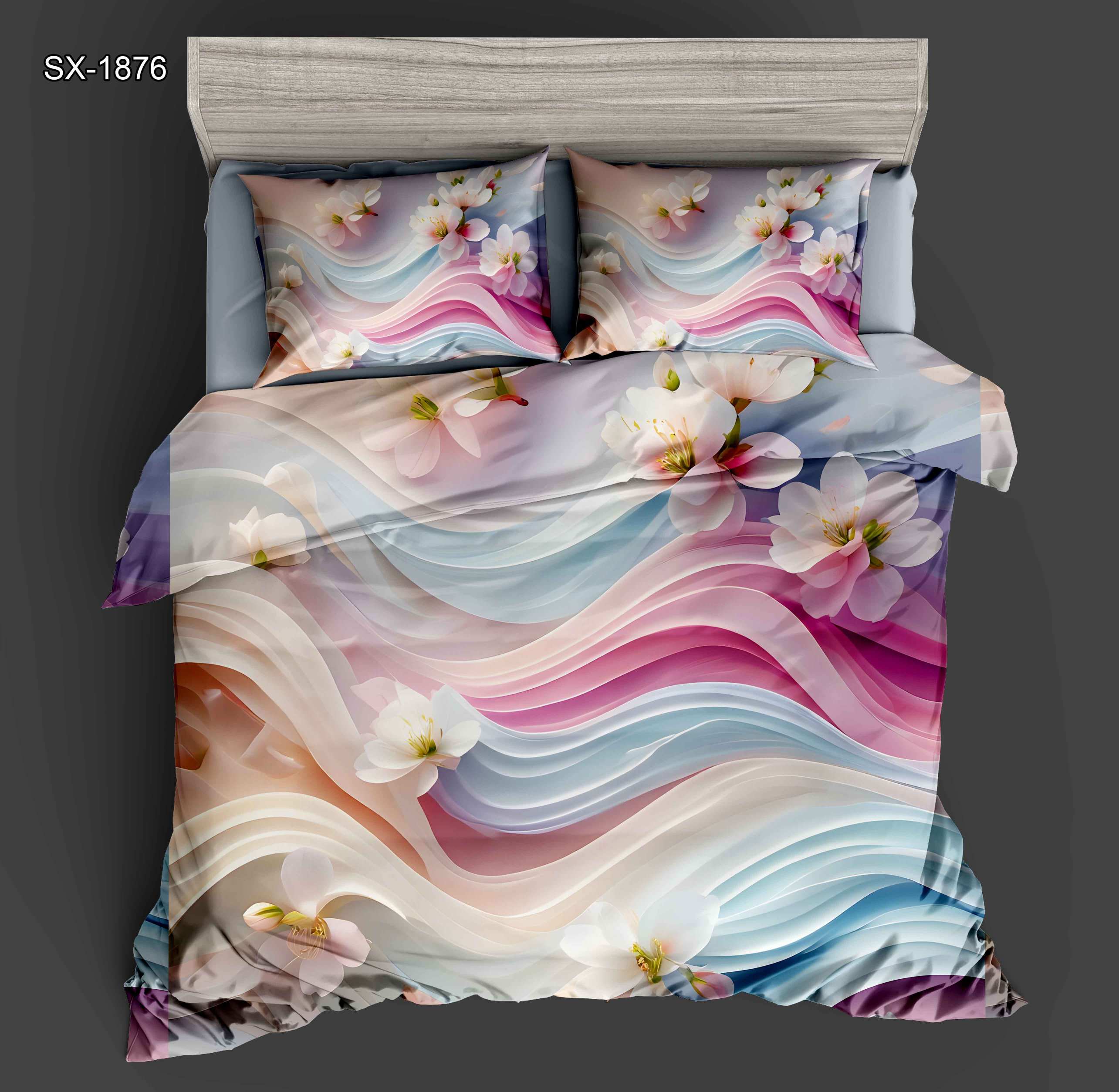 5D Floral Digital Print Bedding Set - ‌Serene Cherry Blossom & Wave