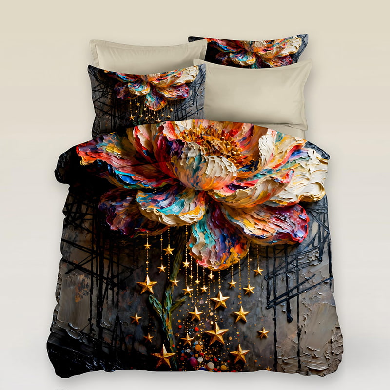 5D Oil Painting Style Digital Print Bedding Set  - ‌Golden Star Peony