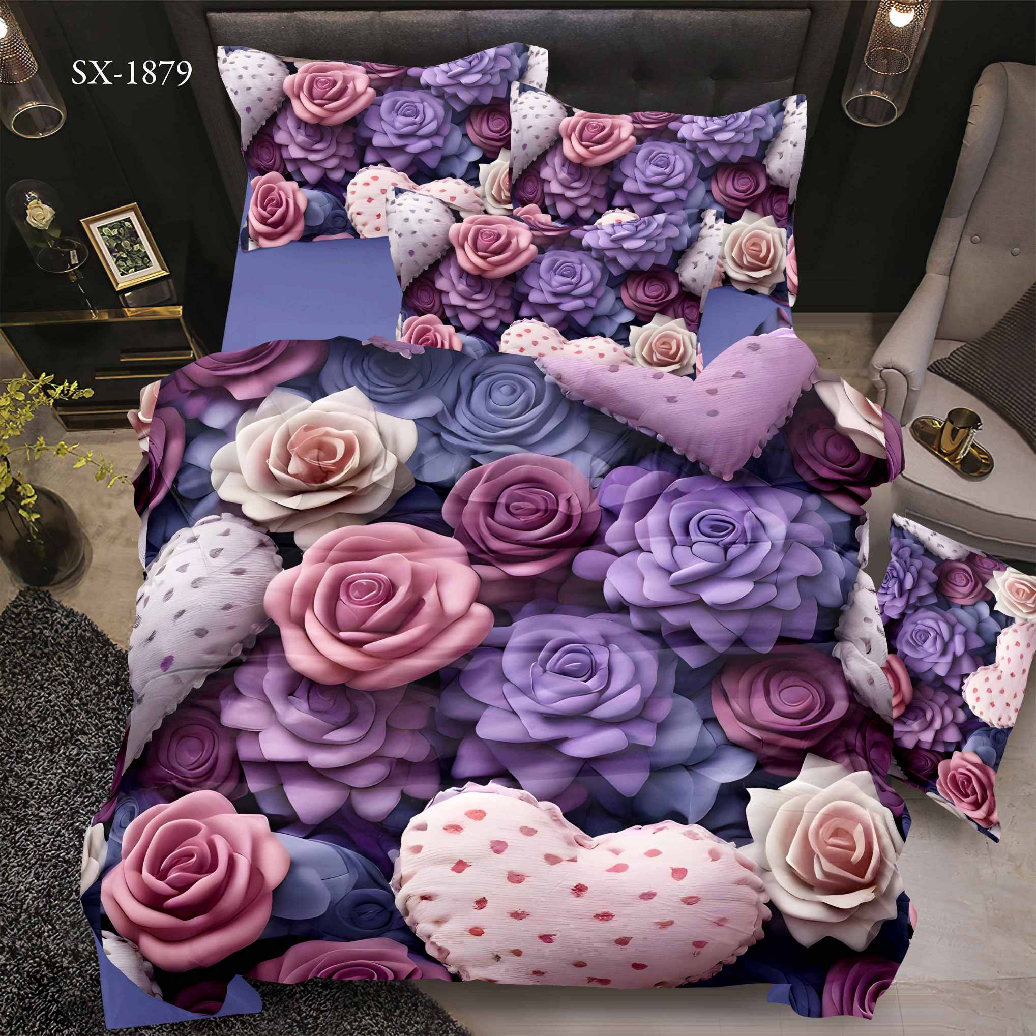 5D Floral Digital Print Bedding Set - ‌Luxurious Purple & Pink Rose Garden