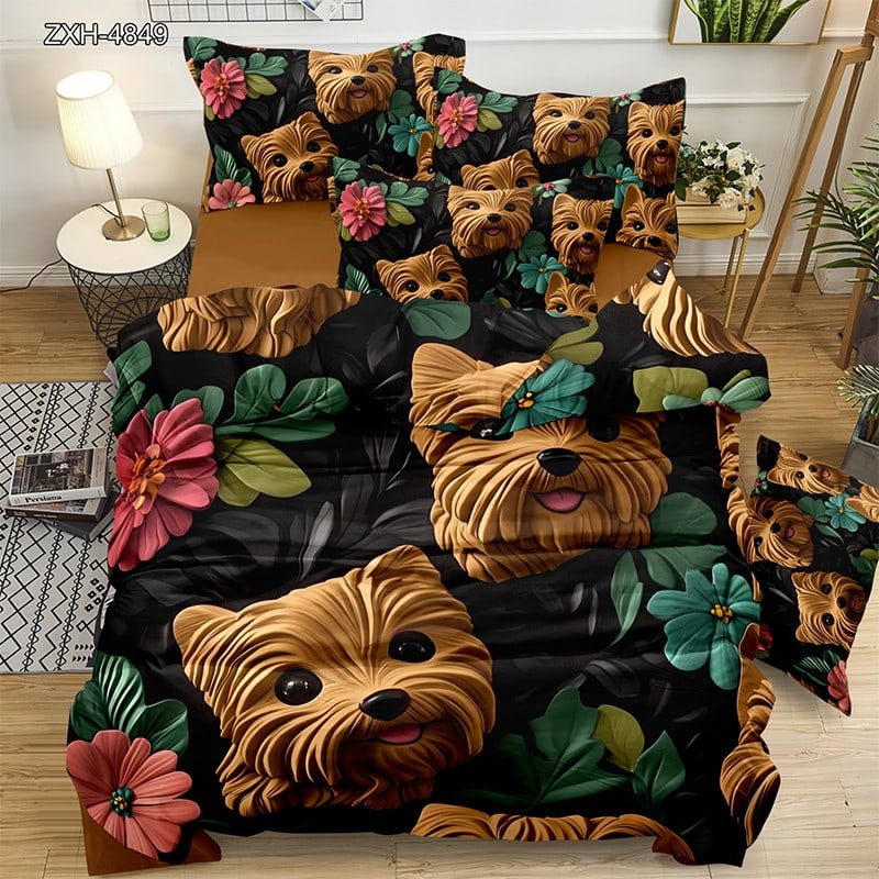 5D Digital Printed Bed sheet set with a Playful Yorkshire Terrier and Floral Theme