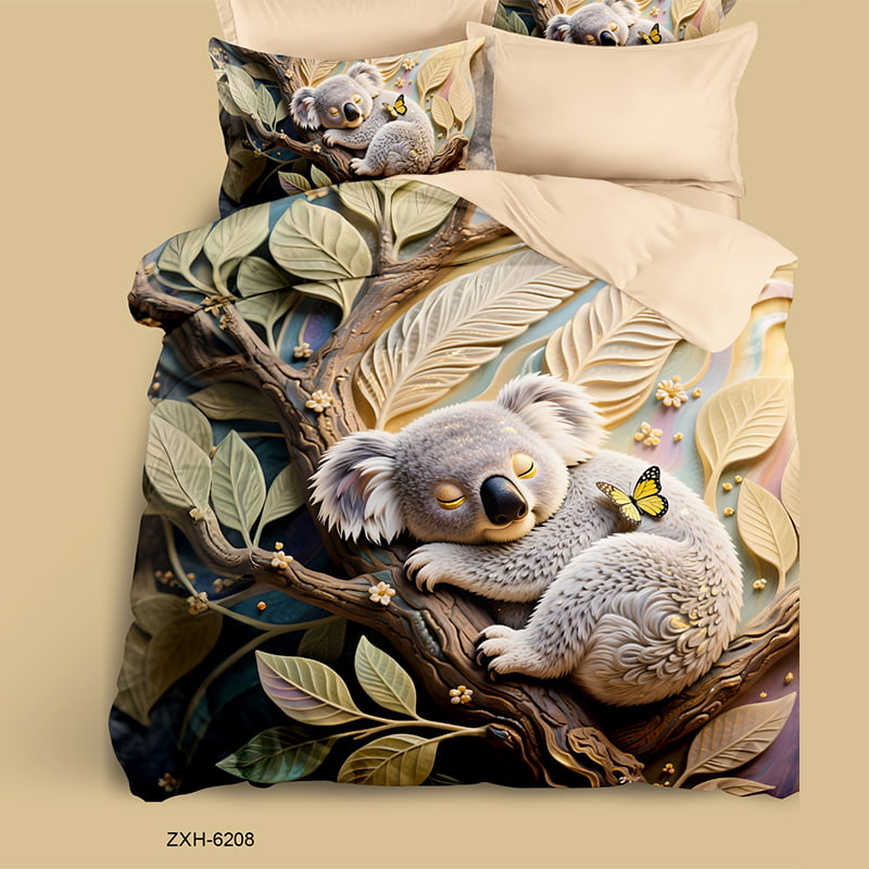 Cartoon 5D Digital Printed Bed sheet set with a Sleepy Koala in Eucalyptus Forest