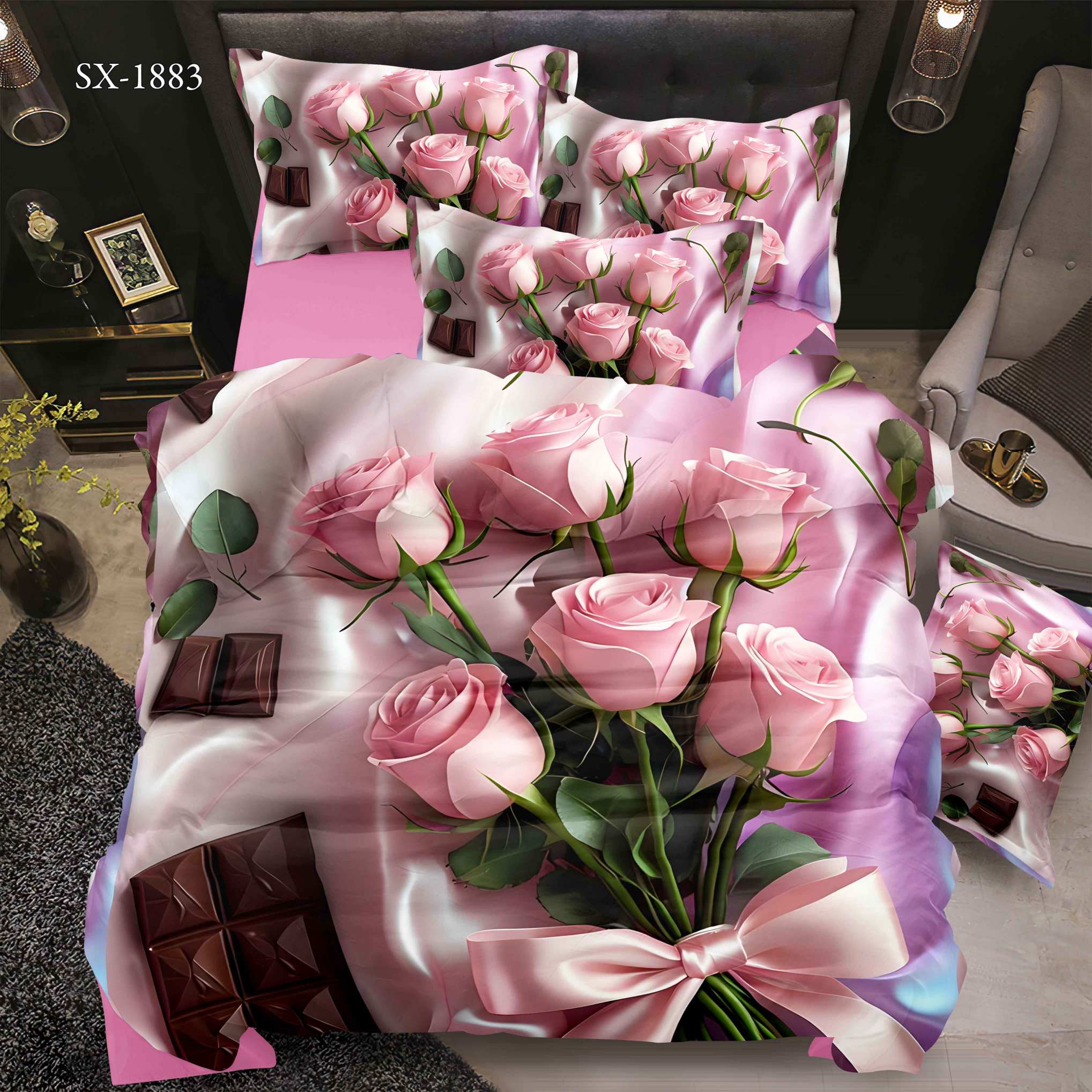 5D Floral Digital Print Bedding Set - ‌Romantic Pink Rose Bouquet & Chocolate