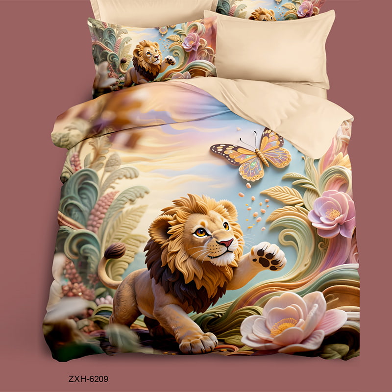 Cartoon 5D Digital Printed Bed sheet set with a Playful Lion in Blooming Garden