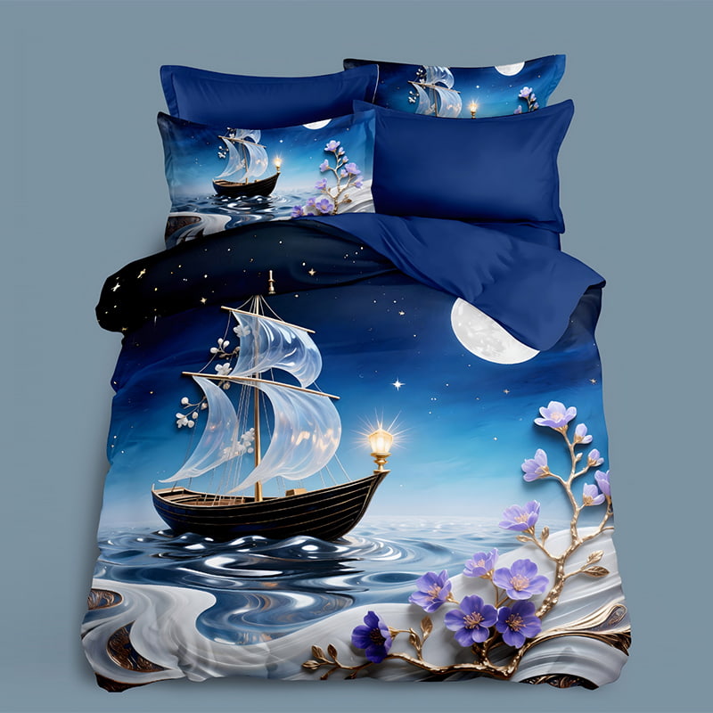 5D Floral Digital Print Bedding Set -Moonlit Sailboat & Purple Flowers