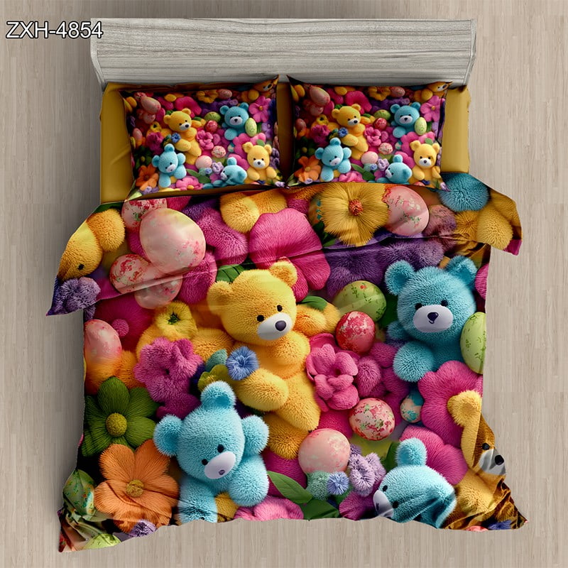 5D Digital Printed Bed sheet set with a Vibrant Teddy Bears and Floral Fantasy