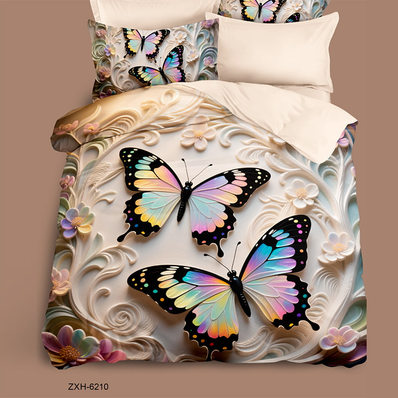 Cartoon 5D Digital Printed Bed sheet set with Rainbow Butterflies in Ornate Floral Design