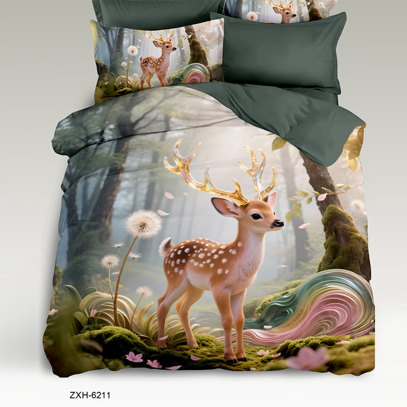 Cartoon 5D Digital Printed Bed sheet set with a Golden Antler Deer in Mystical Forest