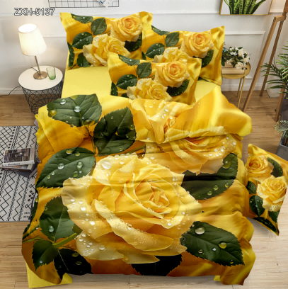 5D Floral Digital Print Bedding Set - Yellow Rose & Waterdrop