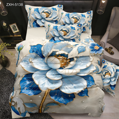 5D Floral Digital Print Bedding Set - Blue Peony & Gold Accents