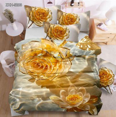 5D Floral Digital Print Bedding Set - Golden Rose & Lotus
