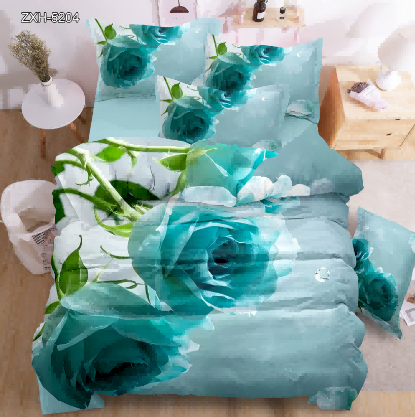 5D Floral Digital Print Bedding Set - Teal Rose & Green Leaves