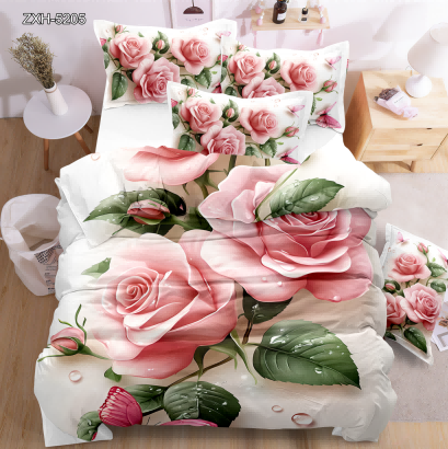 5D Floral Digital Print Bedding Set - Pink Rose & Green Leaves