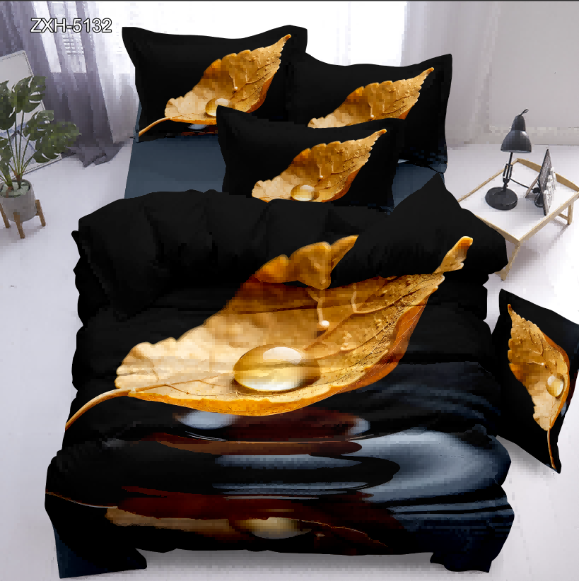 5D Floral Digital Print Bedding Set - Golden Leaf & Waterdrop