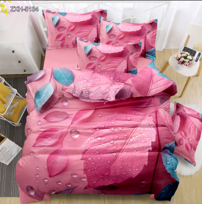5D Floral Digital Print Bedding Set - Pink Leaf & Waterdrop
