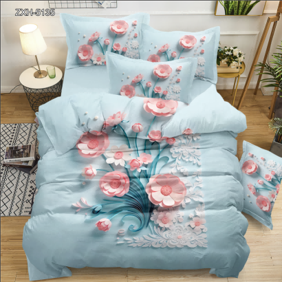 5D Floral Digital Print Bedding Set - Pink Flower & Blue Vine