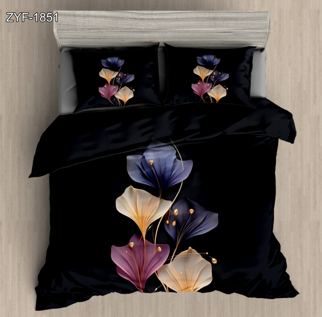 5D Floral Digital Print Bedding Set - Purple & Gold Flowers