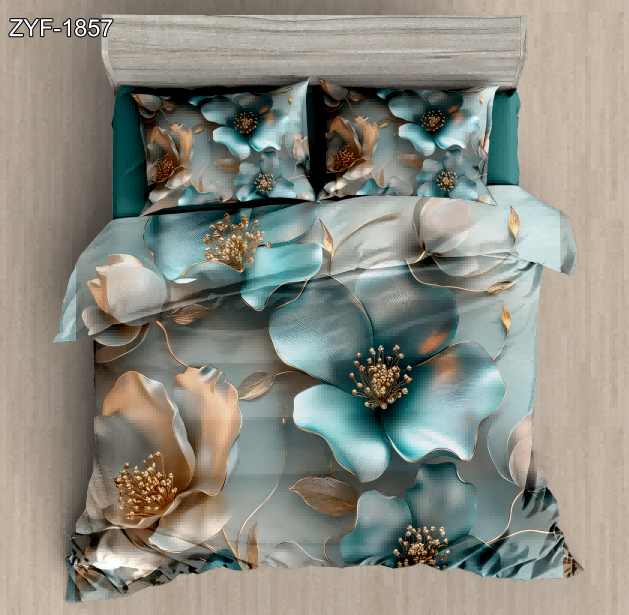 5D Floral Digital Print Bedding Set - White & Gold Flowers