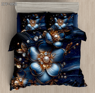 5D Floral Digital Print Bedding Set - Blue & Gold Flowers
