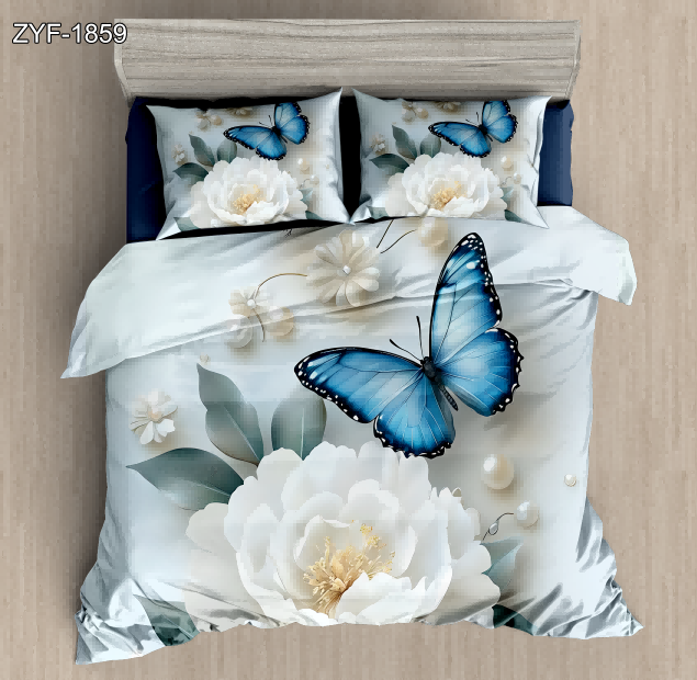 5D Floral Digital Print Bedding Set - Blue Butterflies & White Flowers