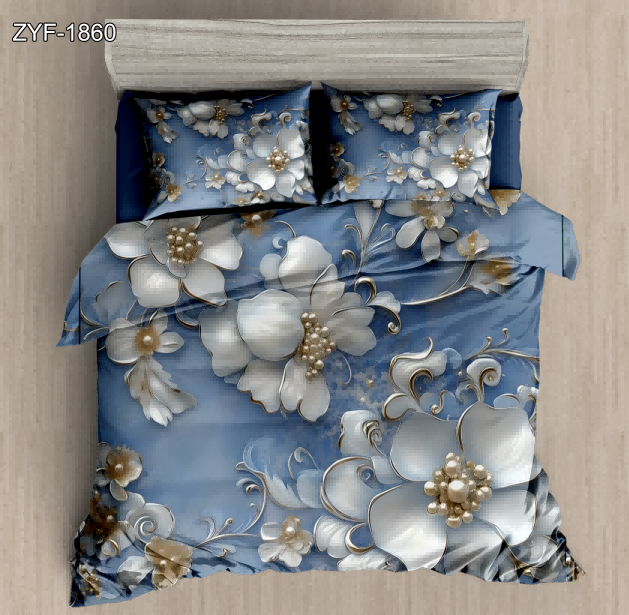 5D Floral Digital Print Bedding Set - White Flowers & Gold Accents