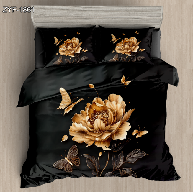 5D Floral Digital Print Bedding Set - Gold Flowers & Butterflies