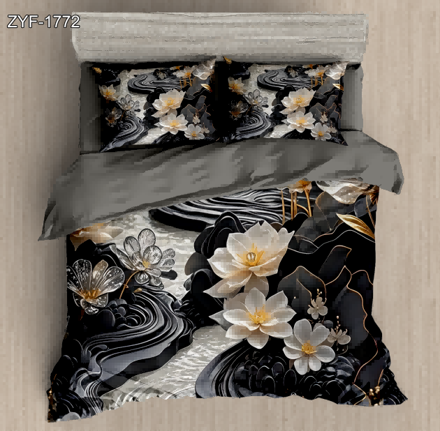 5D Floral Digital Print Bedding Set - Black & White Lotus