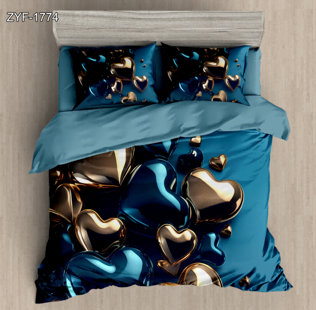 5D Floral Digital Print Bedding Set - Blue & Gold Heart