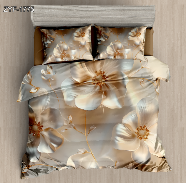 5D Floral Digital Print Bedding Set - Gold & White Flower
