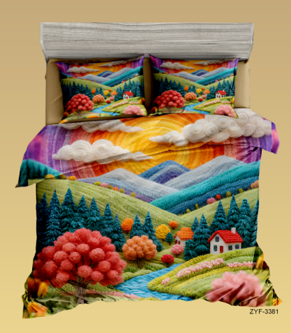 5D Digital Printed Bed Sheet Set with Vibrant Autumn Scenic Landscape in Warm Earth Tones