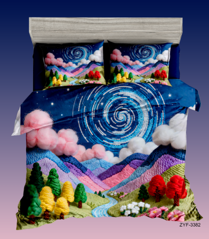 Whimsical Mountain and Starry Sky 5D Digital Printed Cartoon Bed Sheet Set in Vibrant Colors