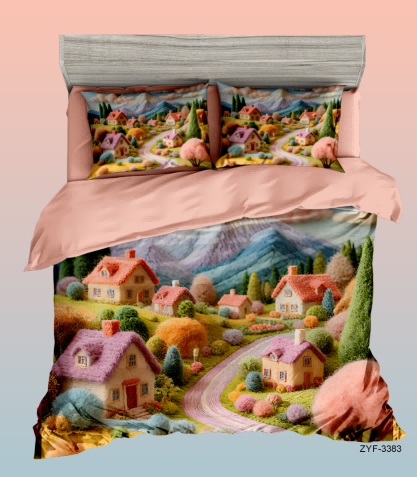 Cozy Countryside Village 5D Digital Printed Cartoon Bed Sheet Set in Warm Earth Tones