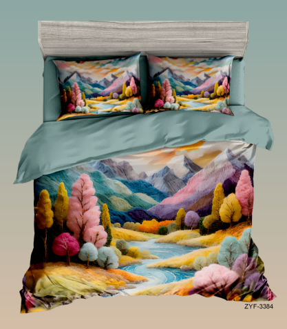 Vibrant 5D Digital Printed Bed Sheet Set with Colorful Cartoon Mountain Landscape Design