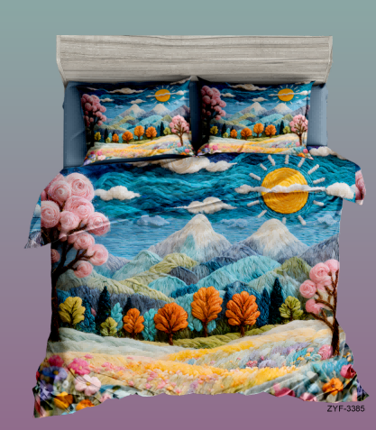 Vibrant 5D Digital Printed Bed Sheet Set with Colorful Cartoon Mountain Landscape Design