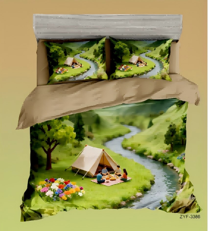 Serene Riverside Camping 5D Digital Printed Bed Sheet Set with Vibrant Cartoon Design