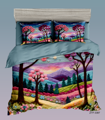 Vibrant Fantasy Landscape 5D Digital Printed Cartoon Bed Sheet Set with Bold Colors and Whimsical Style
