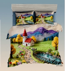 5D Digital Printed Bed Sheet Set – Vibrant Cartoon Scenic Countryside Village in Soft Pastel Tones