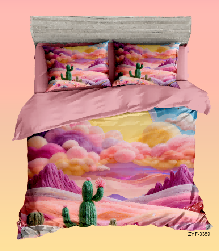 Vibrant Desert Landscape 5D Digital Printed Bed Sheet Set with Colorful Cartoon Design